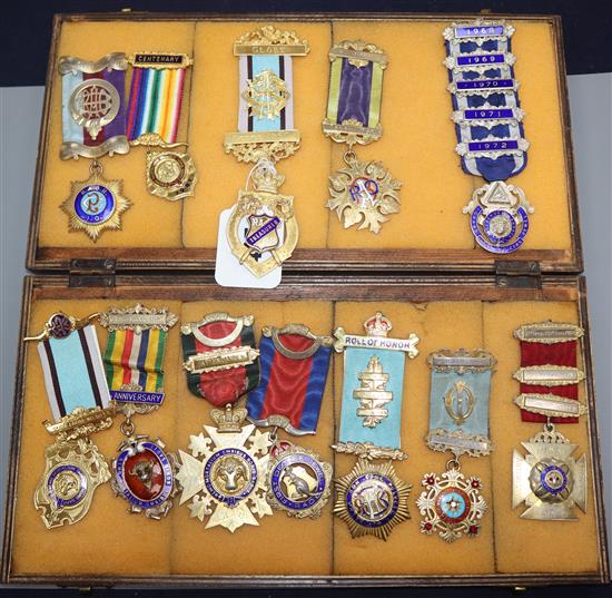 Twelve masonic silver gilt jewels